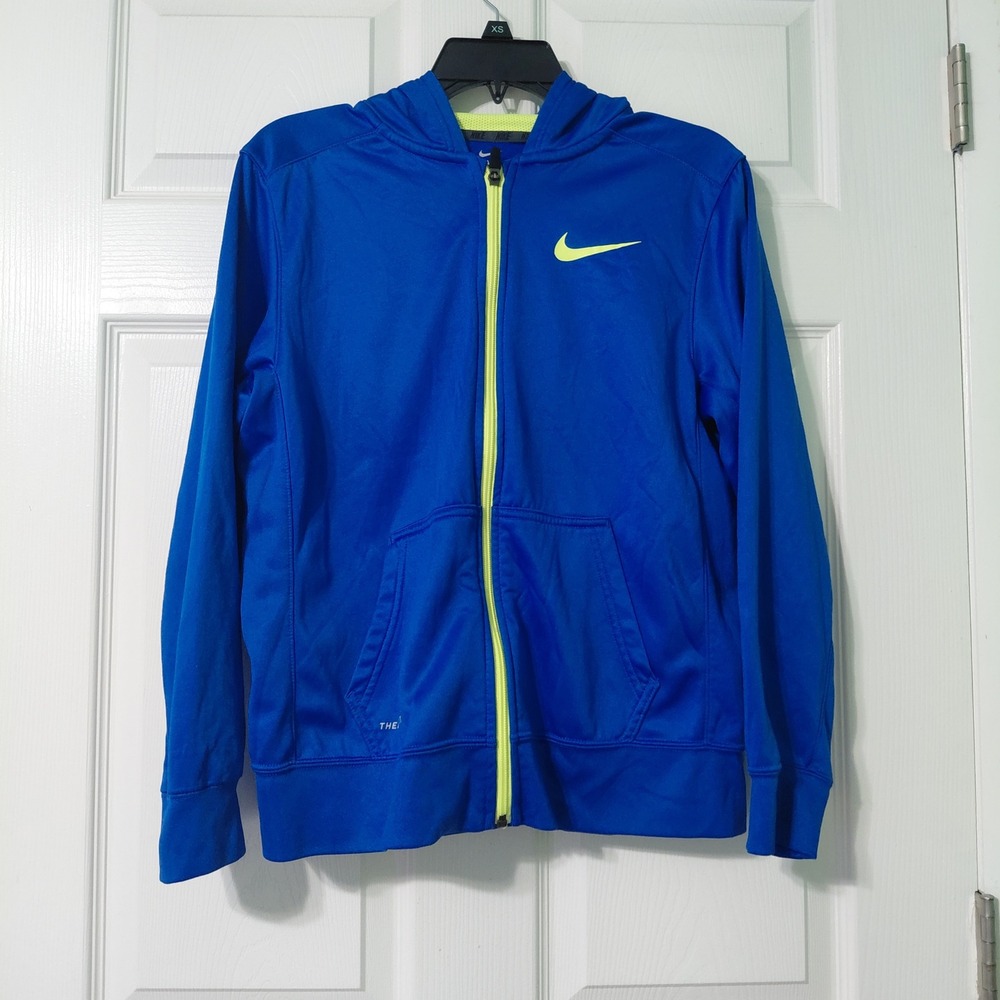Nike Youth Therma-FIT Full Zip Hoodie Royal Blue Neon Green XL 714930-480